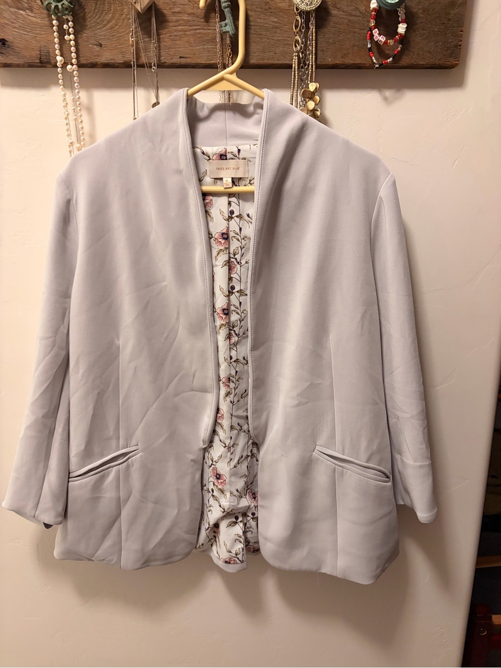 Skies Are Blue Light Gray Open Front Blazer with Floral Lining